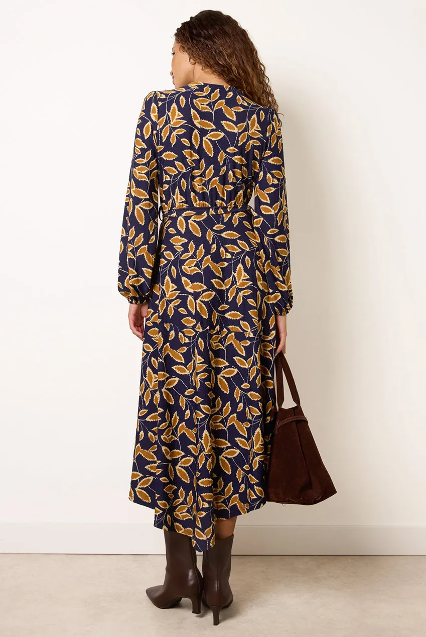 Blue Vanilla Asymmetric Wrap Abito Midi Navy Manica Lunga