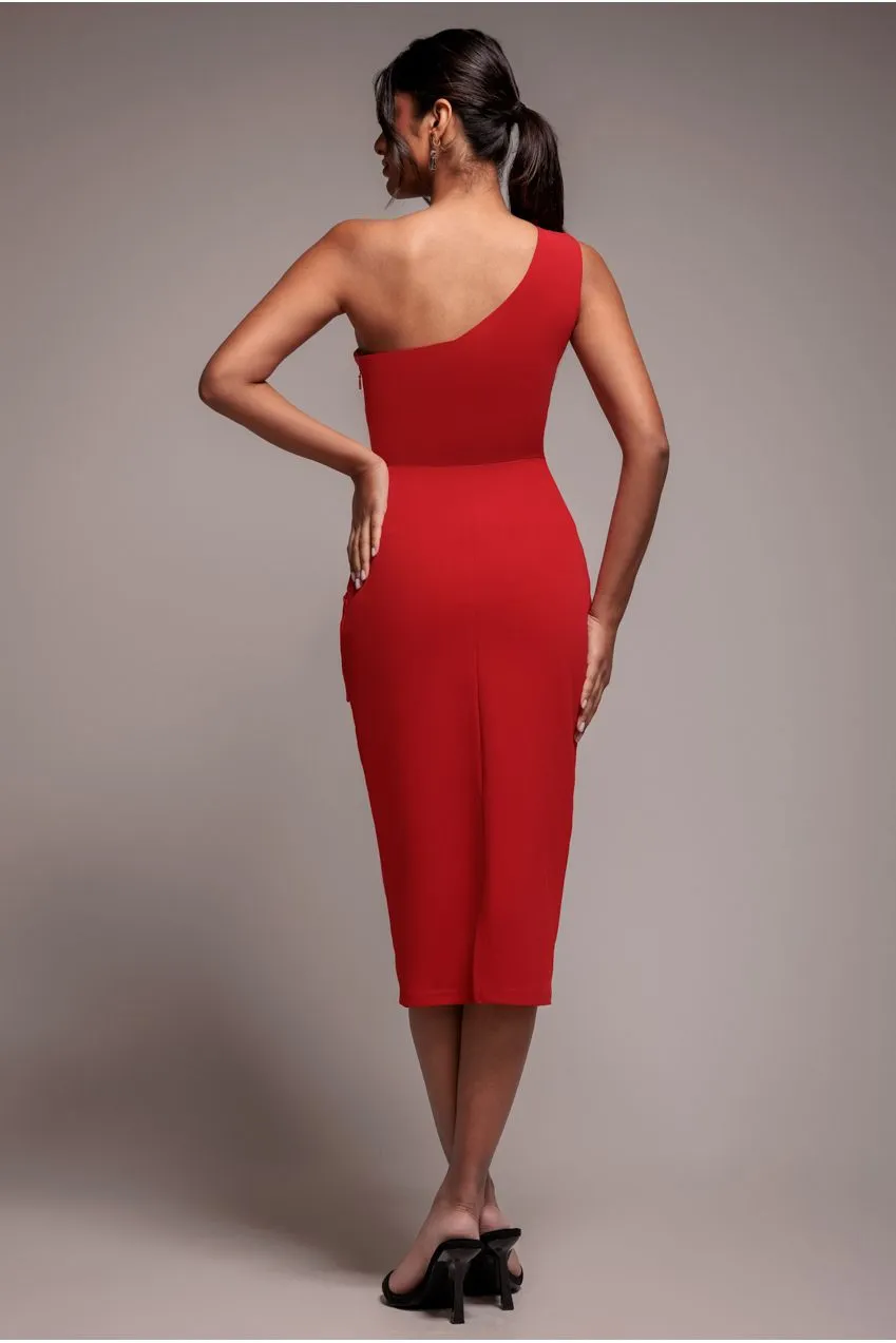 Goddiva Fan One Shoulder abito midi rosso plissettato
