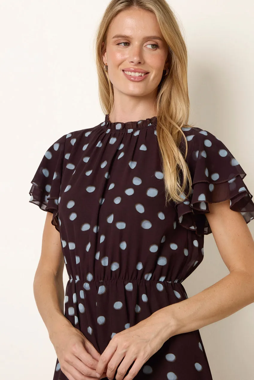 Blue Vanilla Polka Dot Frill Neck abito midi cioccolato pois