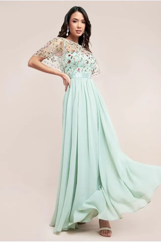 Goddiva Embroidered abito lungo verde salvia chiffon fiori