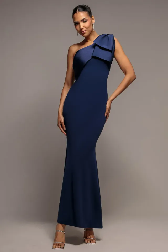 Goddiva One Shoulder Satin Bow abito lungo blu navy