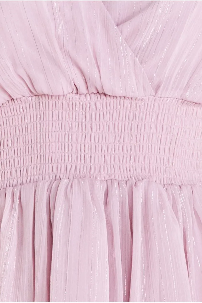 Goddiva Abito Chiffon Rosa Lurex a Balze Midi