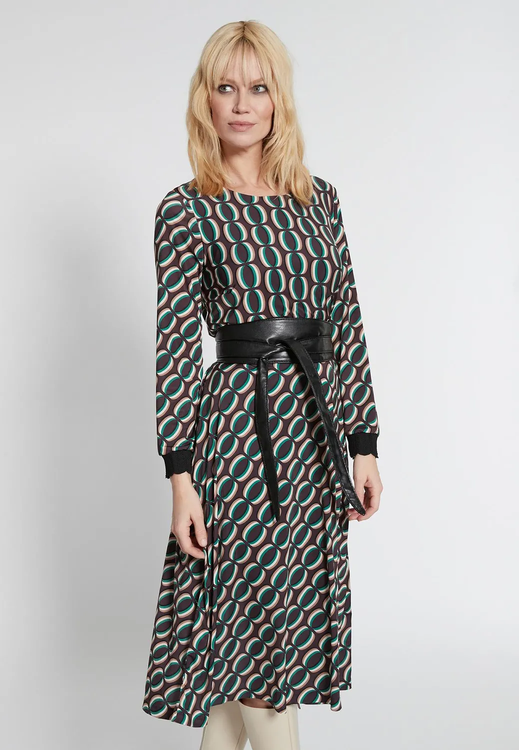 Ana Alcazar Hiosa vestito midi fantasia collo ampio