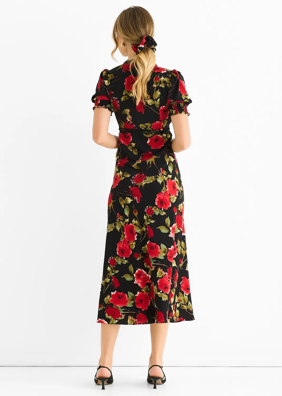 Gini London Floral Lace Trim Abito Midi Nero Pizzo 8-16