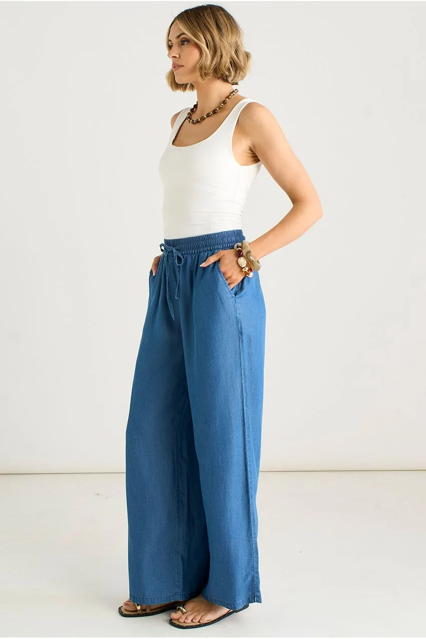 Gini London Chambray pantaloni palazzo blu vita elastica