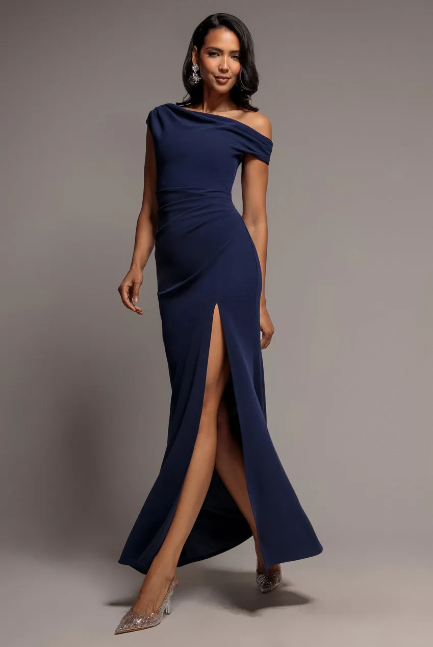 Goddiva One Shoulder Abito maxi navy blu scuba spacco