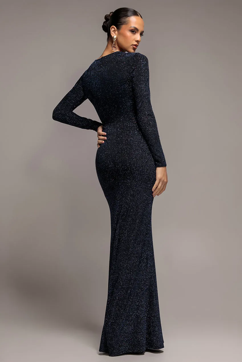Goddiva Lurex Scollo Profondo Abito Lungo Blu Navy
