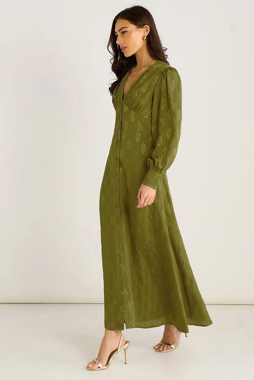 Goddiva Gini London abito maxi verde jacquard floreale
