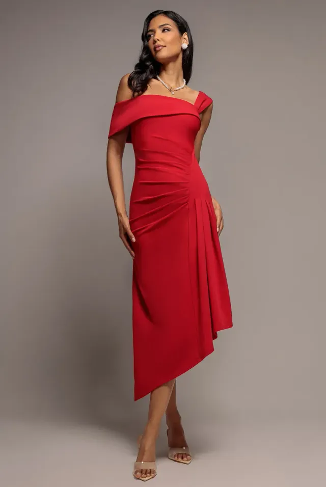 Goddiva Off Shoulder Pleated Waist abito midaxi rosso scuba