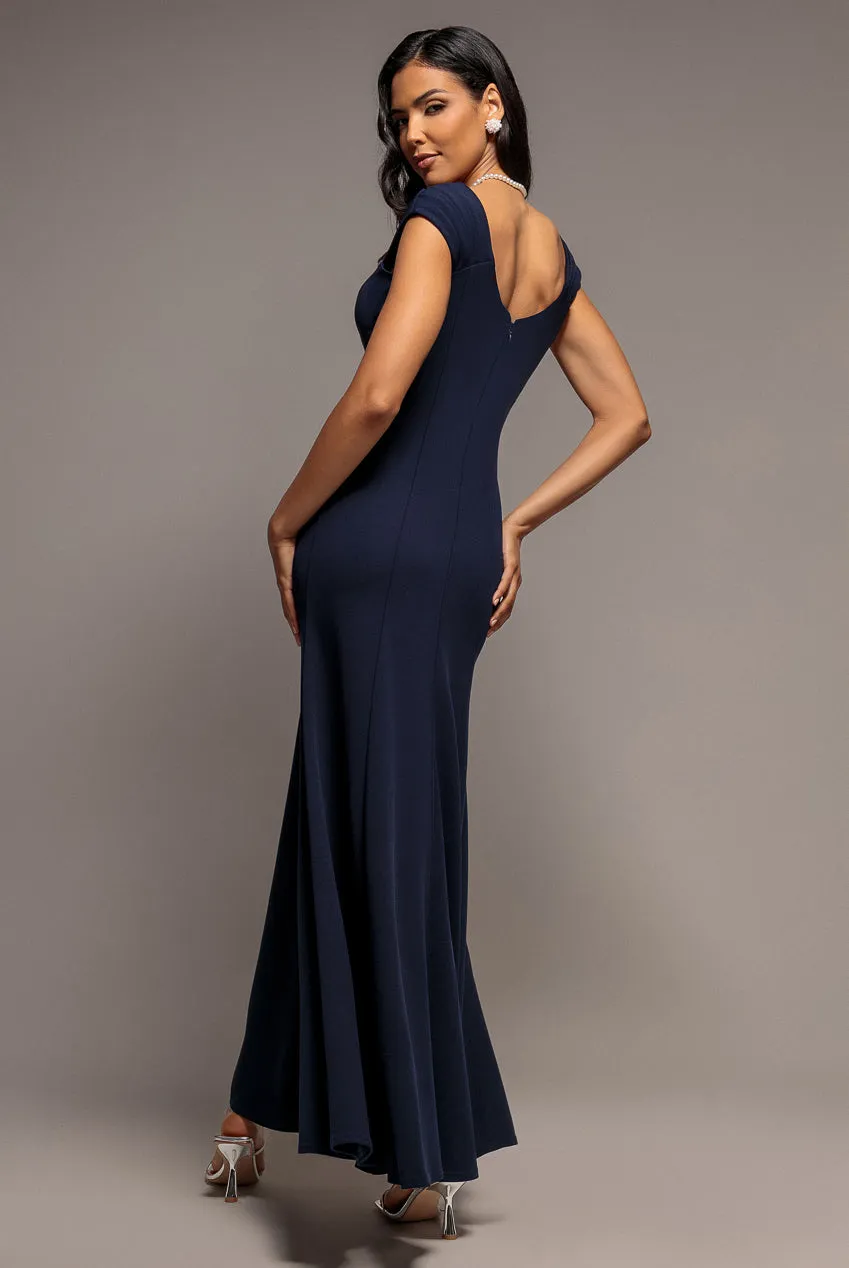 Goddiva Capped Sleeve Pleated abito maxi blu navy scuba