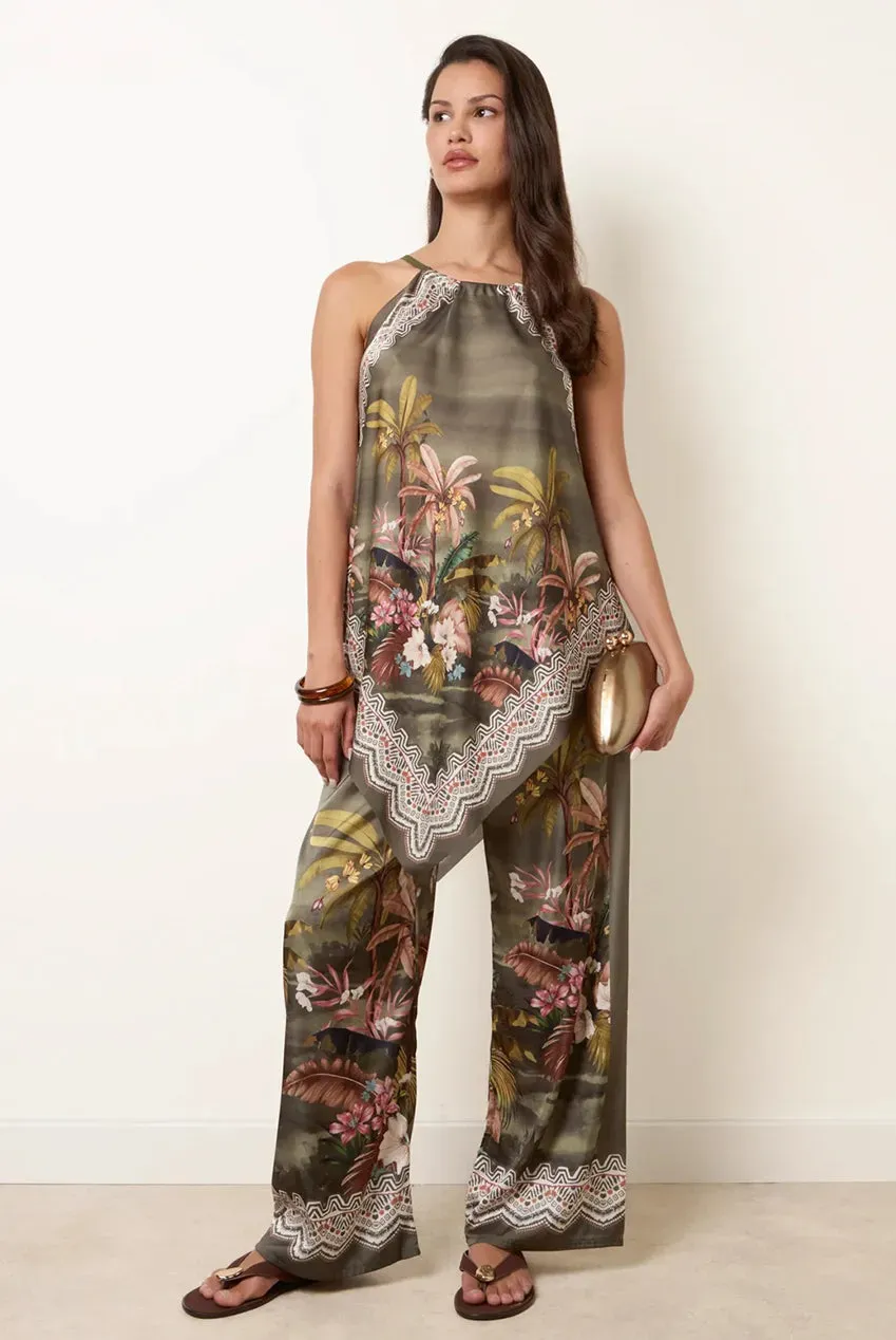 Blue Vanilla Palm Tree Print completo due pezzi khaki