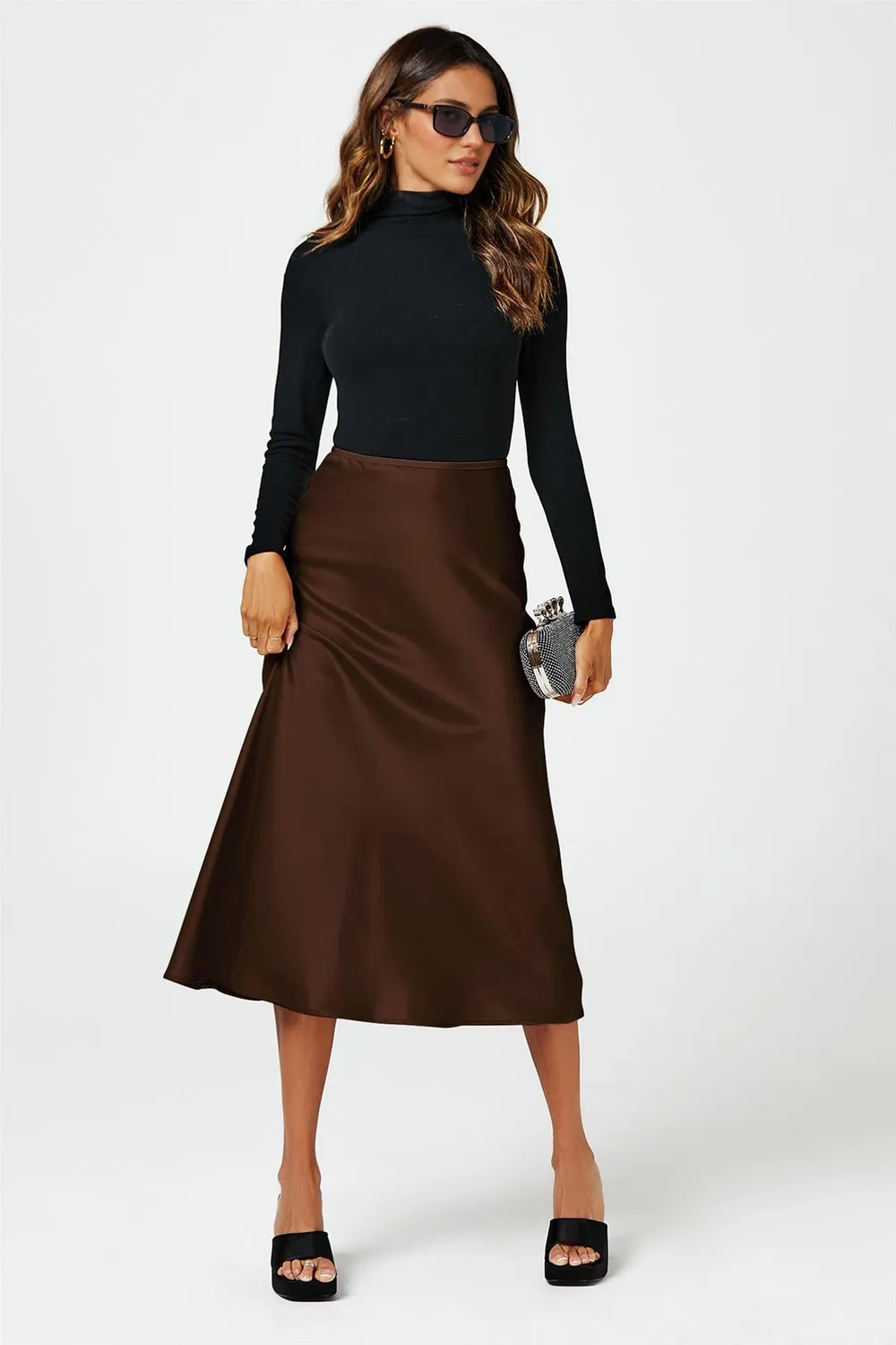 FS Collection FS21180 gonna midi satin marrone vita alta