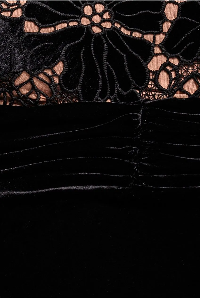 Goddiva Scalloped Abito Lungo Nero Velluto Pizzo