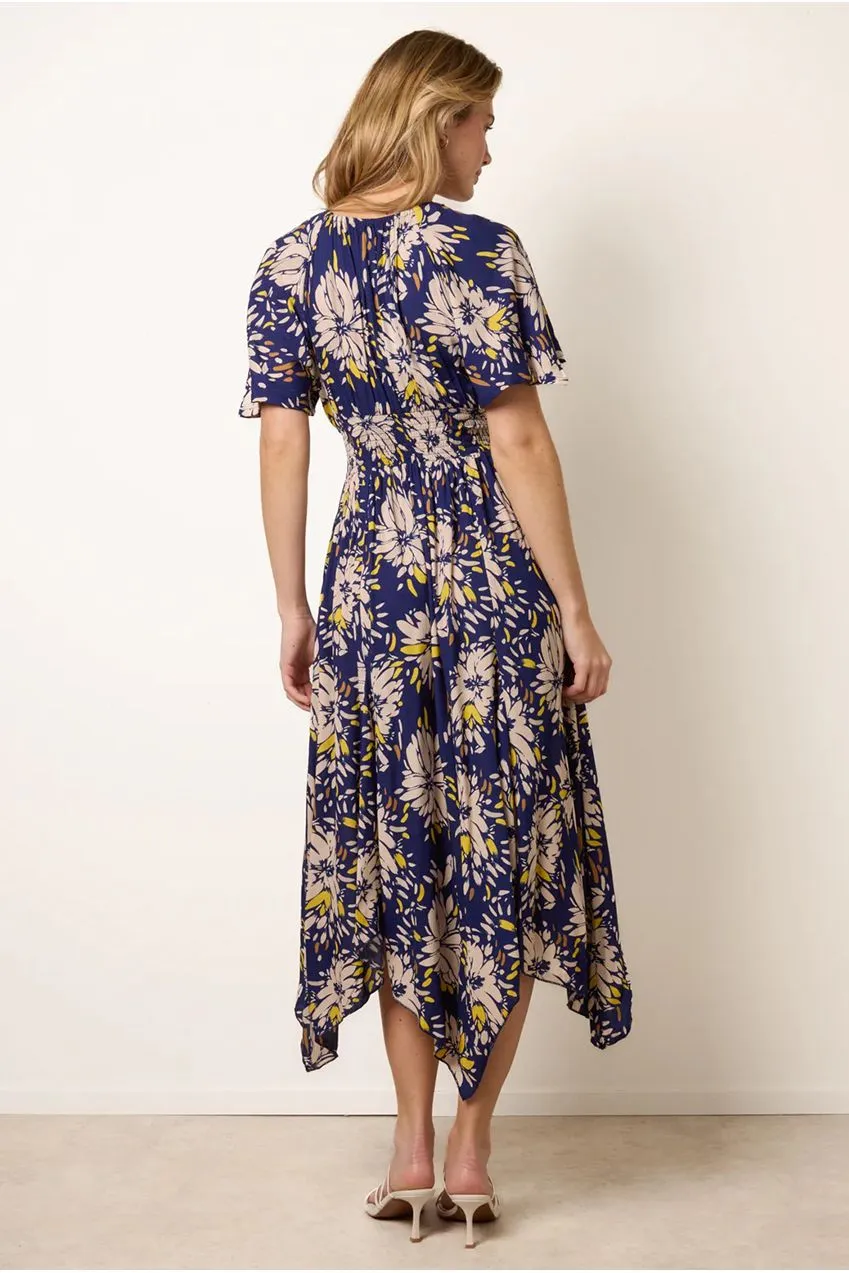 Blue Vanilla Shirred Waist Hanky Hem abito limone floreale