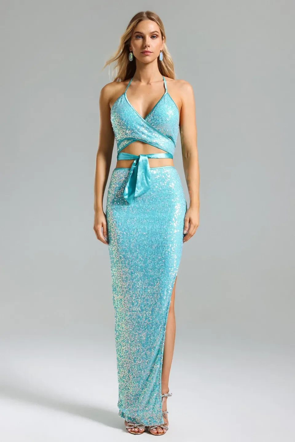 Bella Barnett Werko abito paillettes blu con spacco S