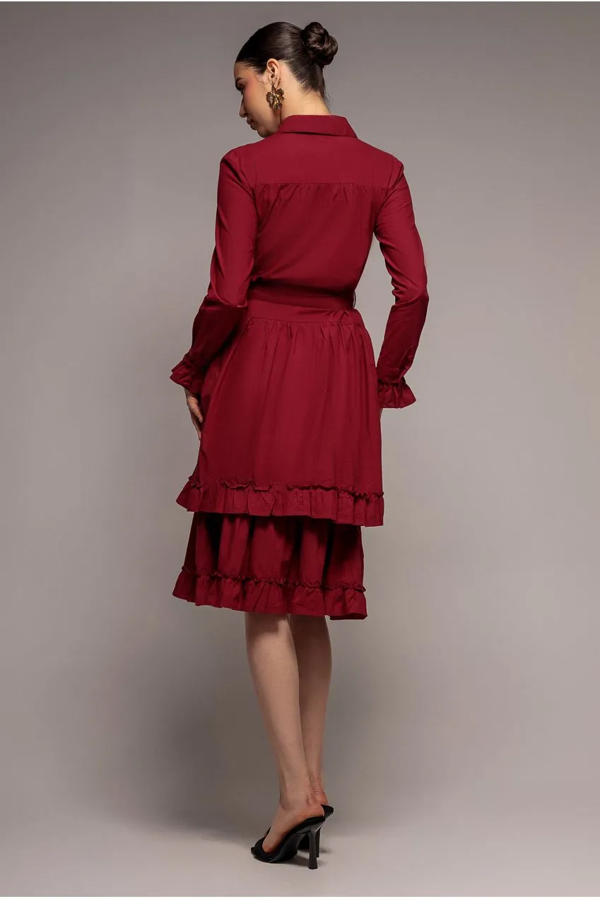 Goddiva Tiered Shirt abito midi wine cintura cotone