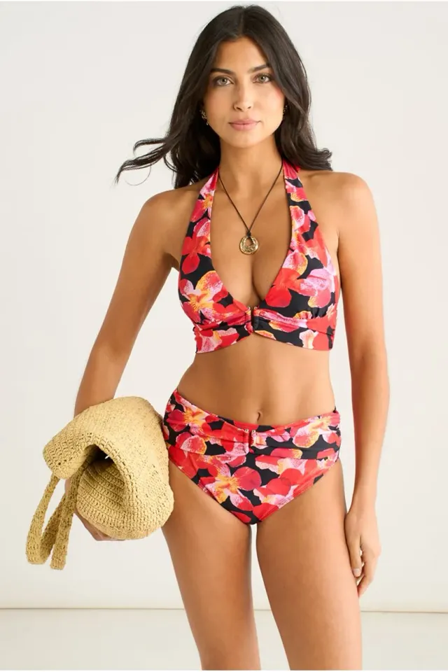Gini London top bikini halter nero fantasia floreale
