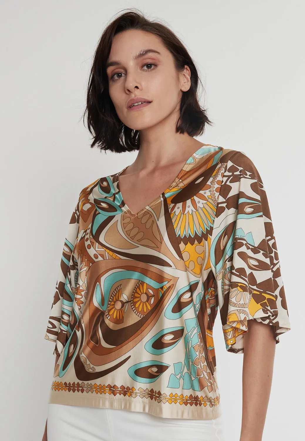 Ana Alcazar Pikasa top scollo V fantasia marrone