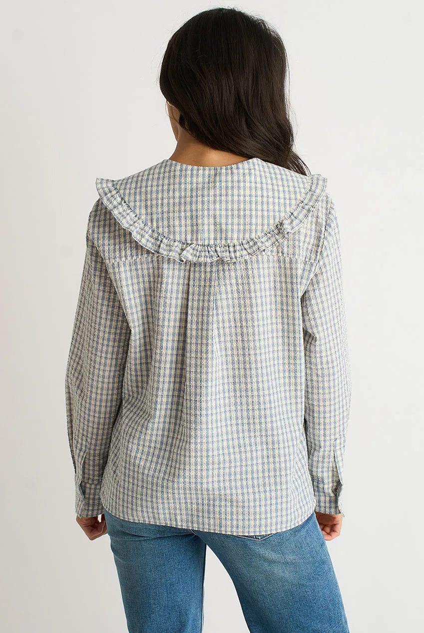 Gini London Blue Gingham camicia blu a quadri collo Peter Pan
