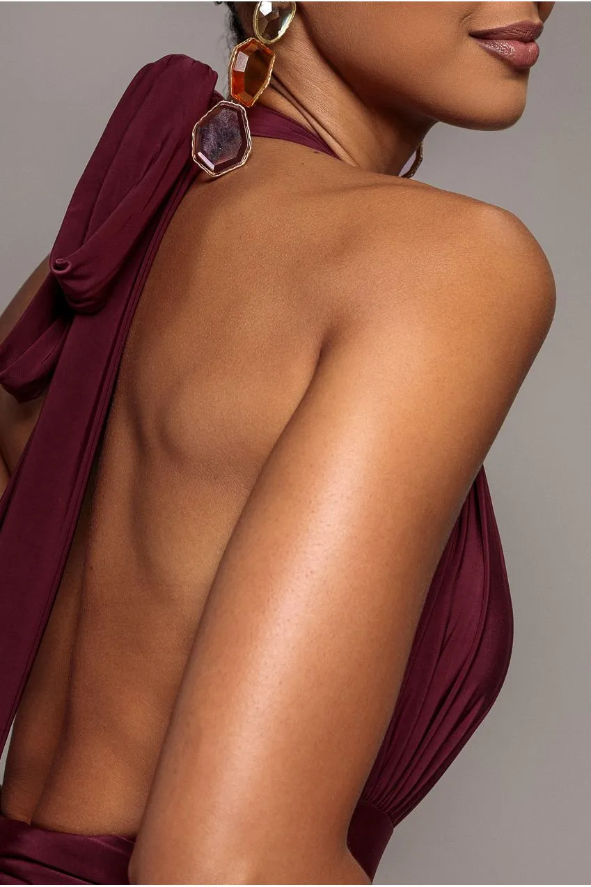 Goddiva Halter Neck Empire Waist abito maxi burgundy scollo halter