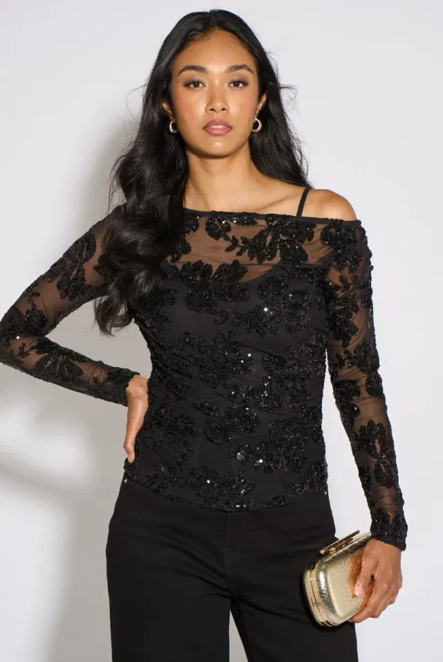 Gini London Sequin Asymmetric top nero paillettes floreali