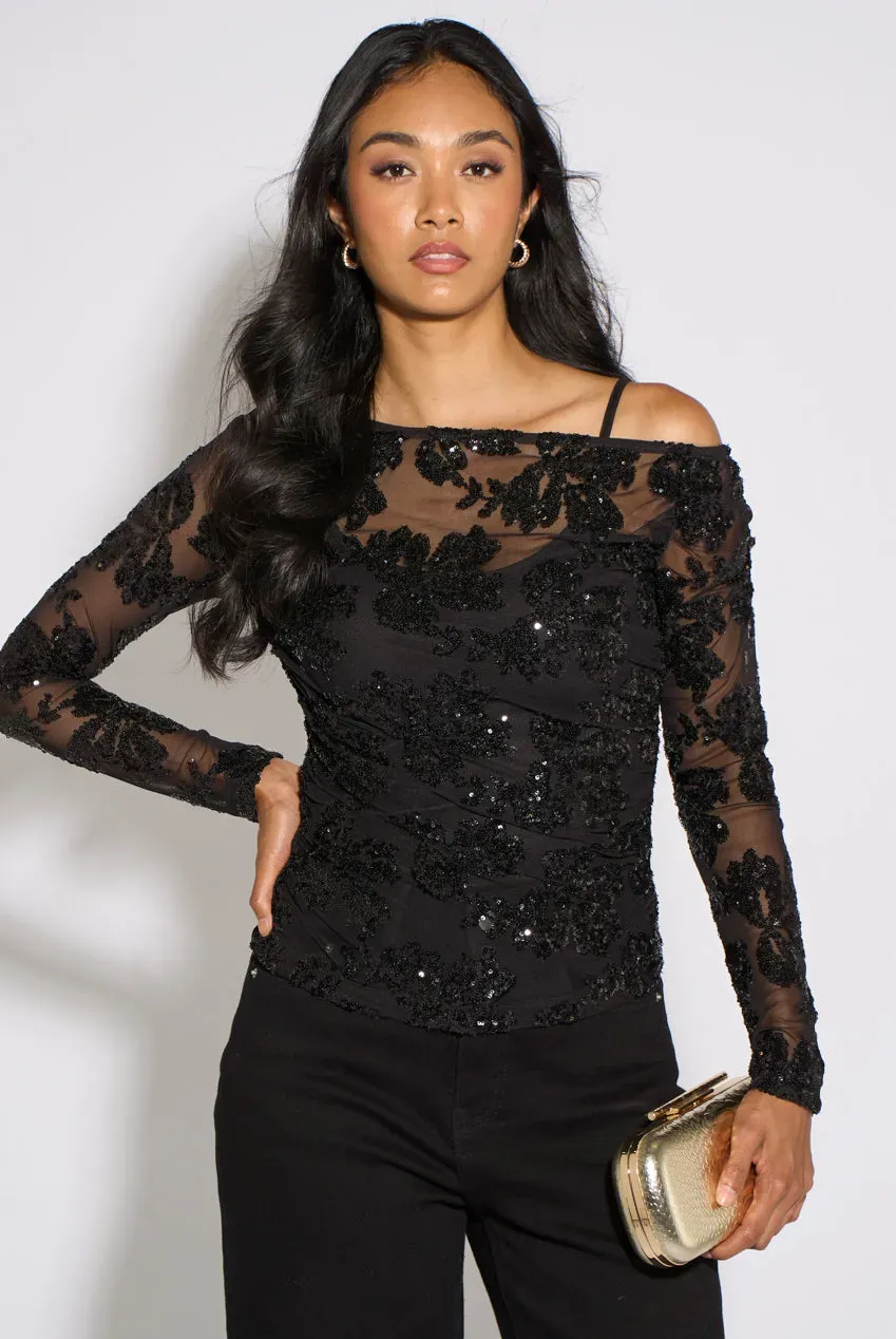 Gini London Sequin Asymmetric top nero paillettes floreali