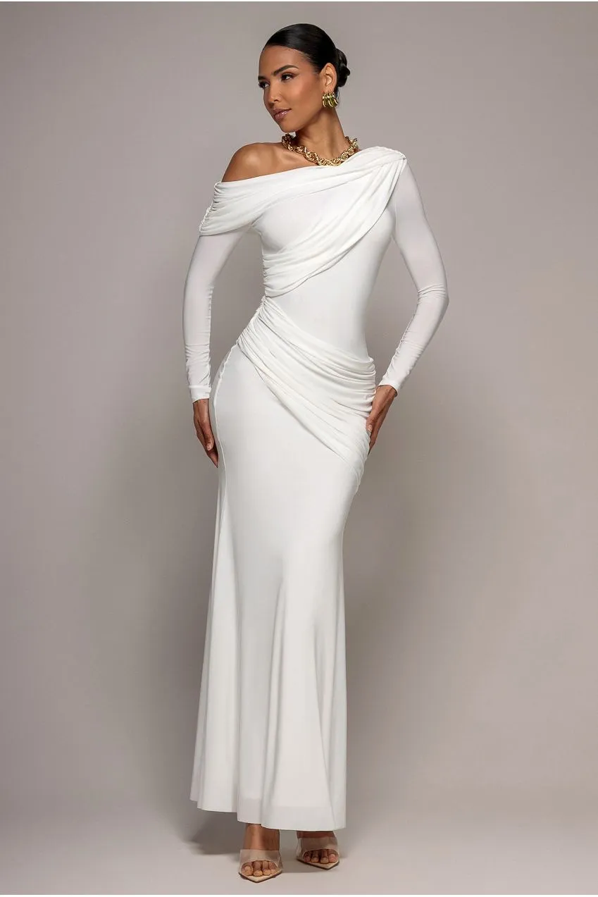 Goddiva Soft Touch abito maxi bianco spalle scoperte