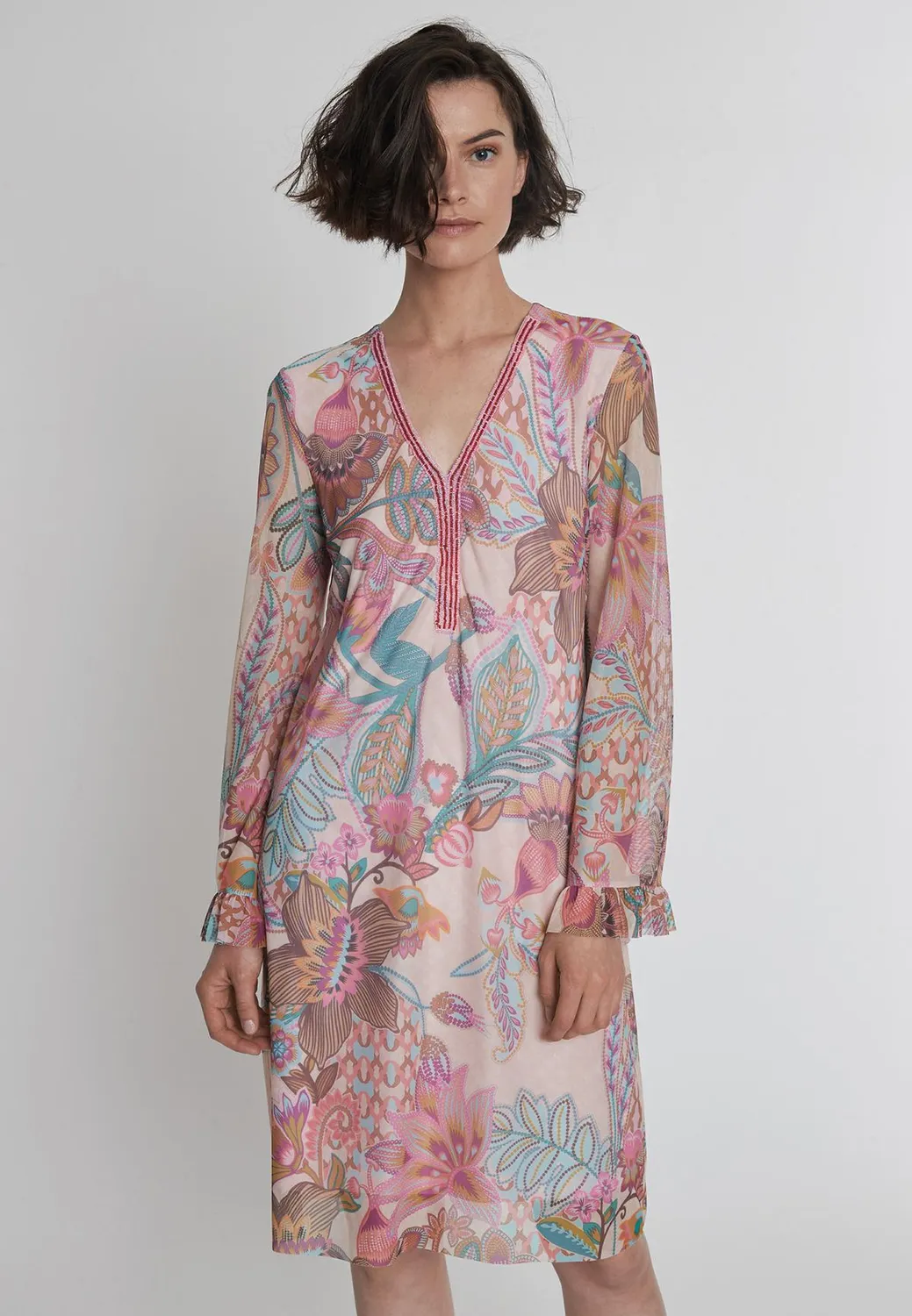 Ana Alcazar Pelia vestito tunica rosa floreale corto