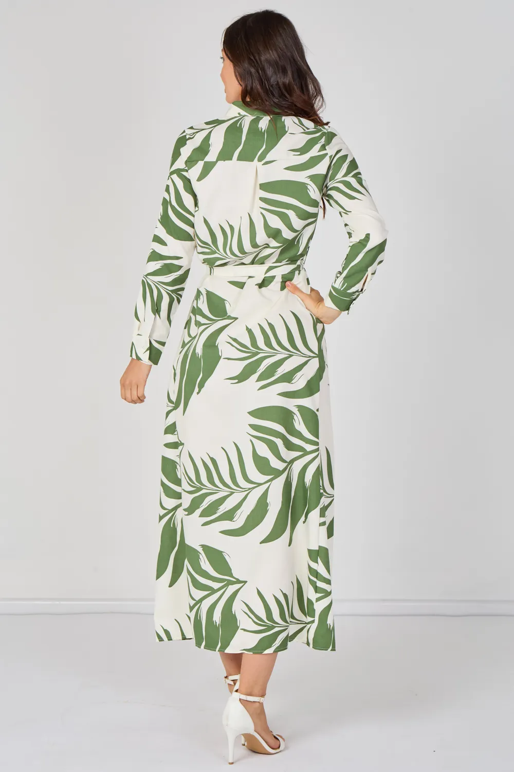 Love Sunshine Green Palm Print abito camicia verde maxi