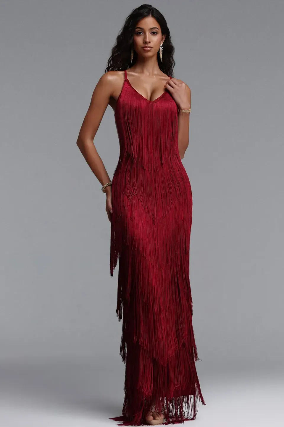 Bella Barnett Alex Bandage abito maxi rosso frange scollo V