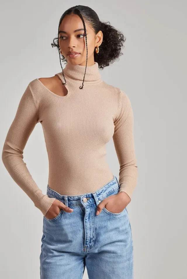 Pink Vanilla top maglia dolcevita camel ritaglio S