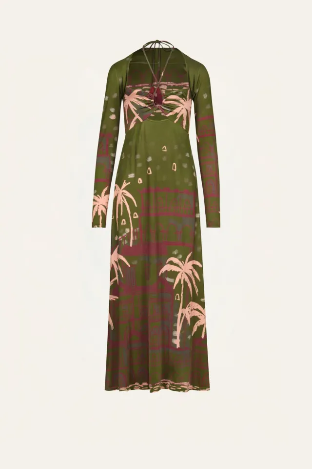 Johanna Ortiz Eternal Tropical abito midi verde shiny jersey