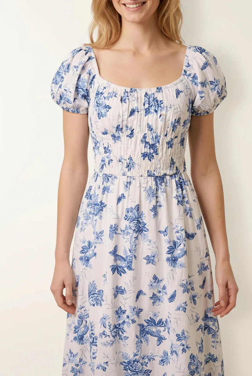 Blue Vanilla Off Shoulder abito blu midi floreale cotone
