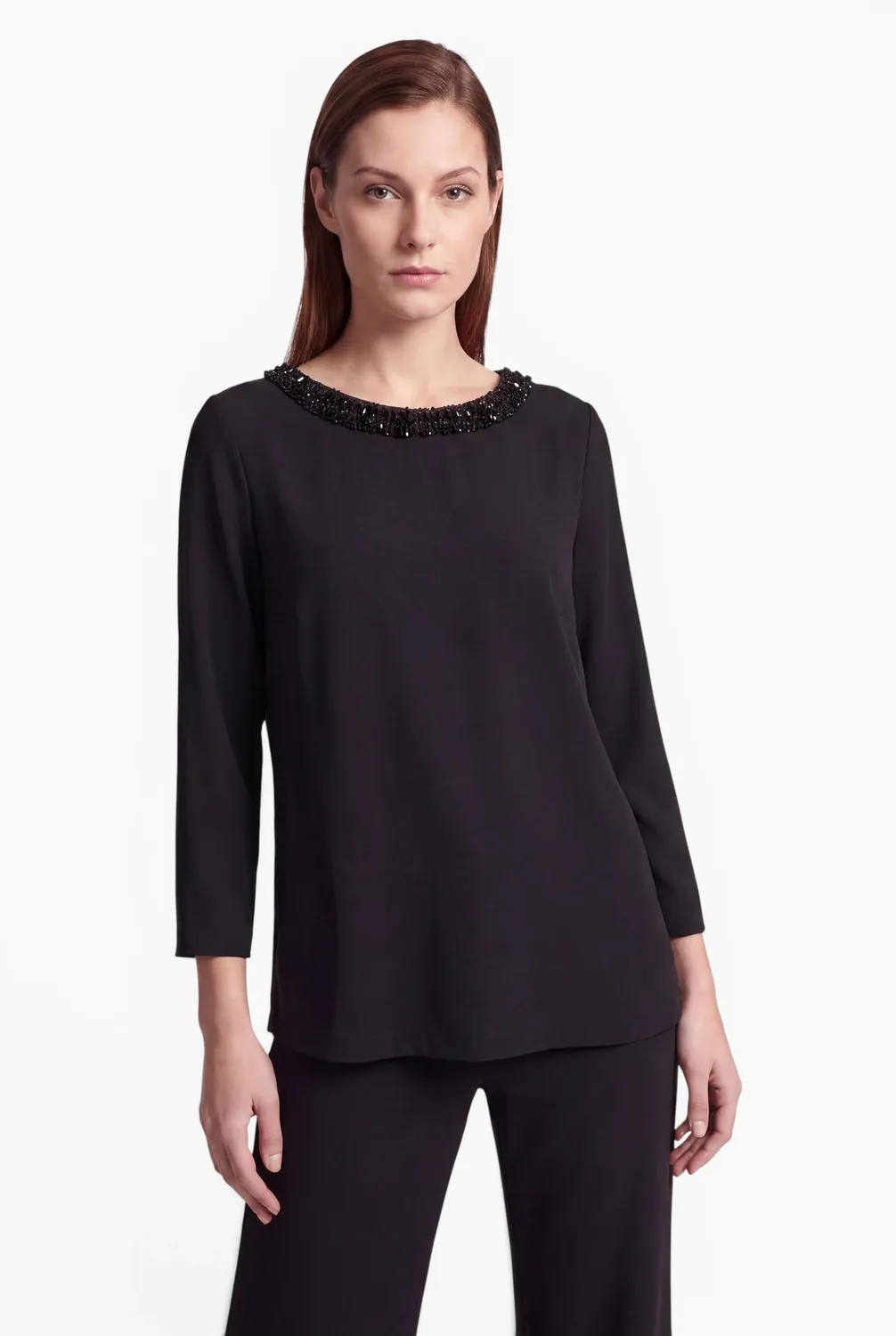 Ana Alcazar Engolia top nero collo barca perle elegante