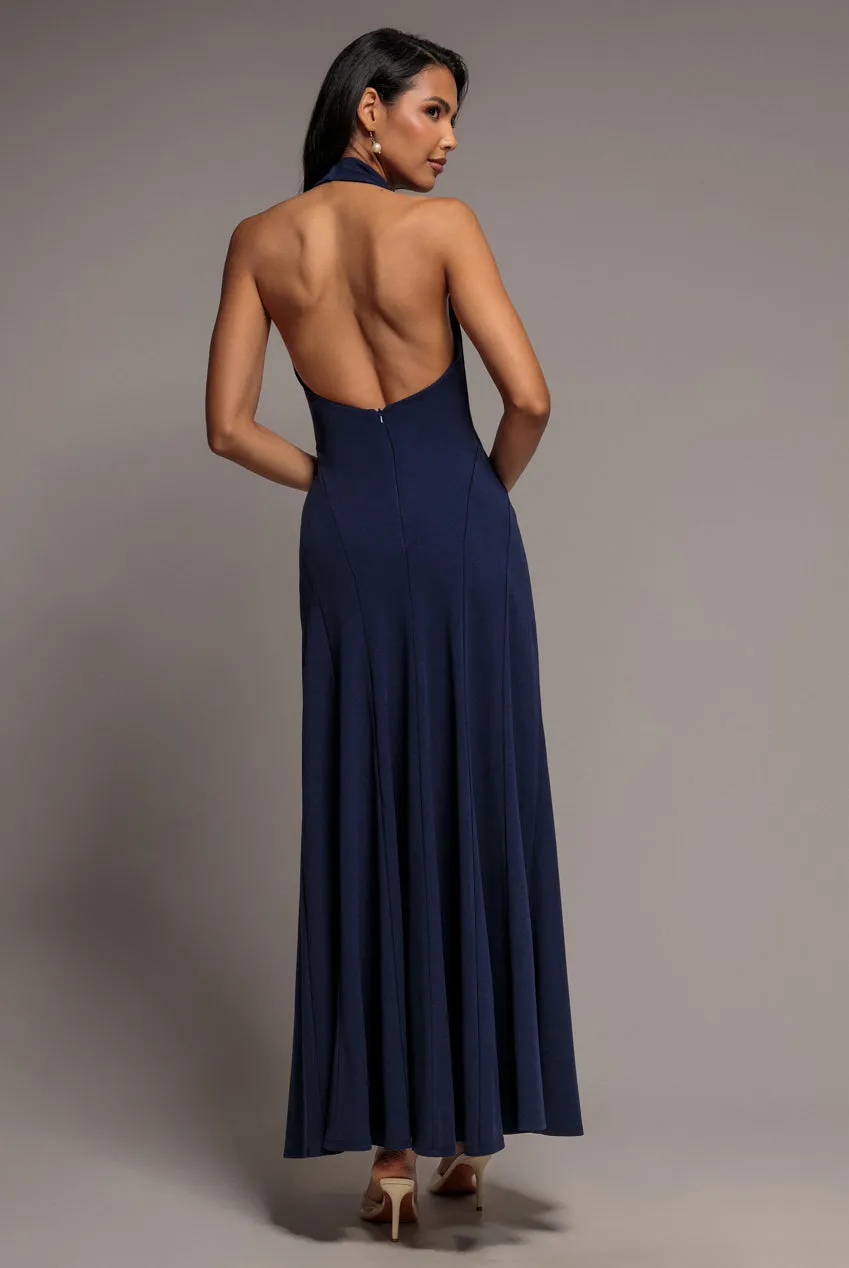 Goddiva Halterneck Cowl Backless abito maxi blu navy scuba