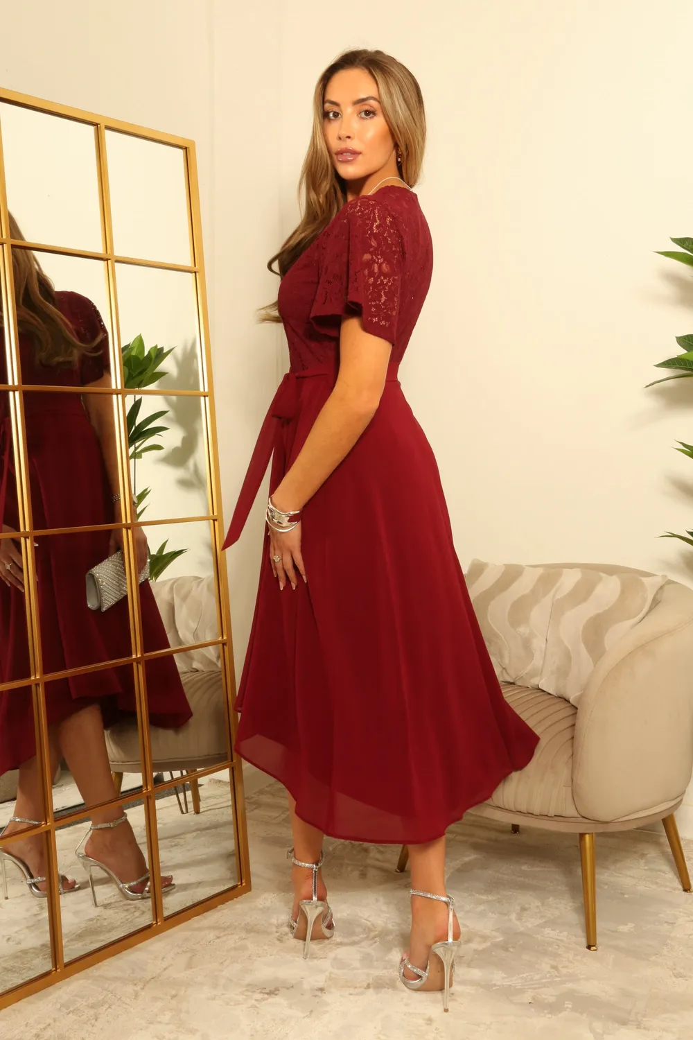Double Second Lace Wrap abito rosso pizzo midi