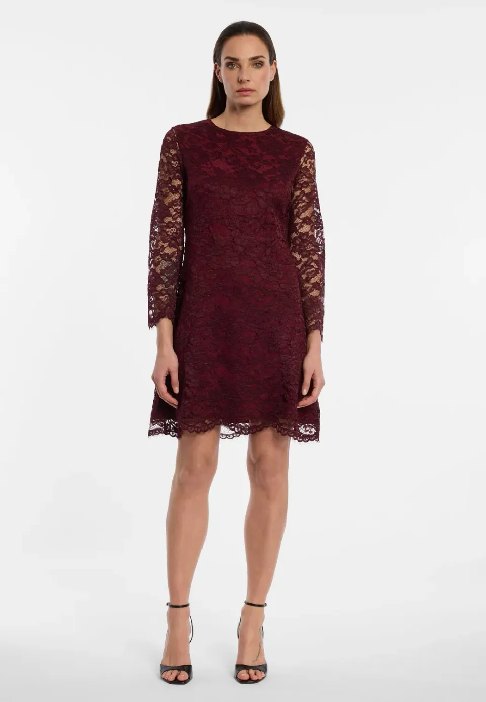 Ana Alcazar Enolory abito pizzo bordeaux maniche lunghe