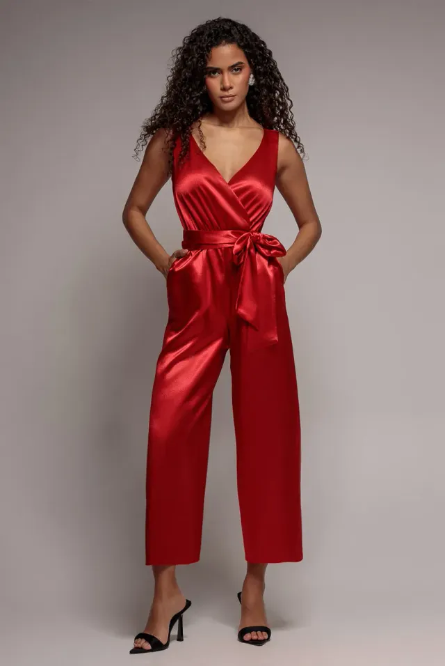 Goddiva Satin Culotte tuta rossa scollo a V