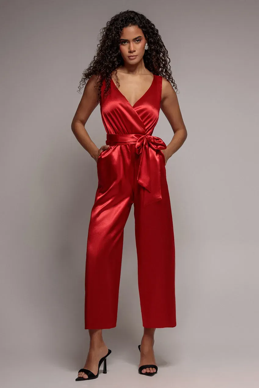Goddiva Satin Culotte tuta rossa scollo a V