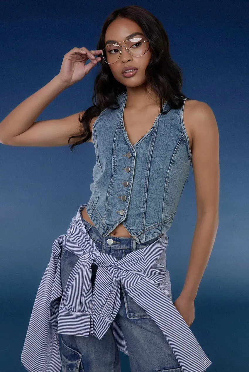 Pink Vanilla Denim gilet denim blu bottoni cotone