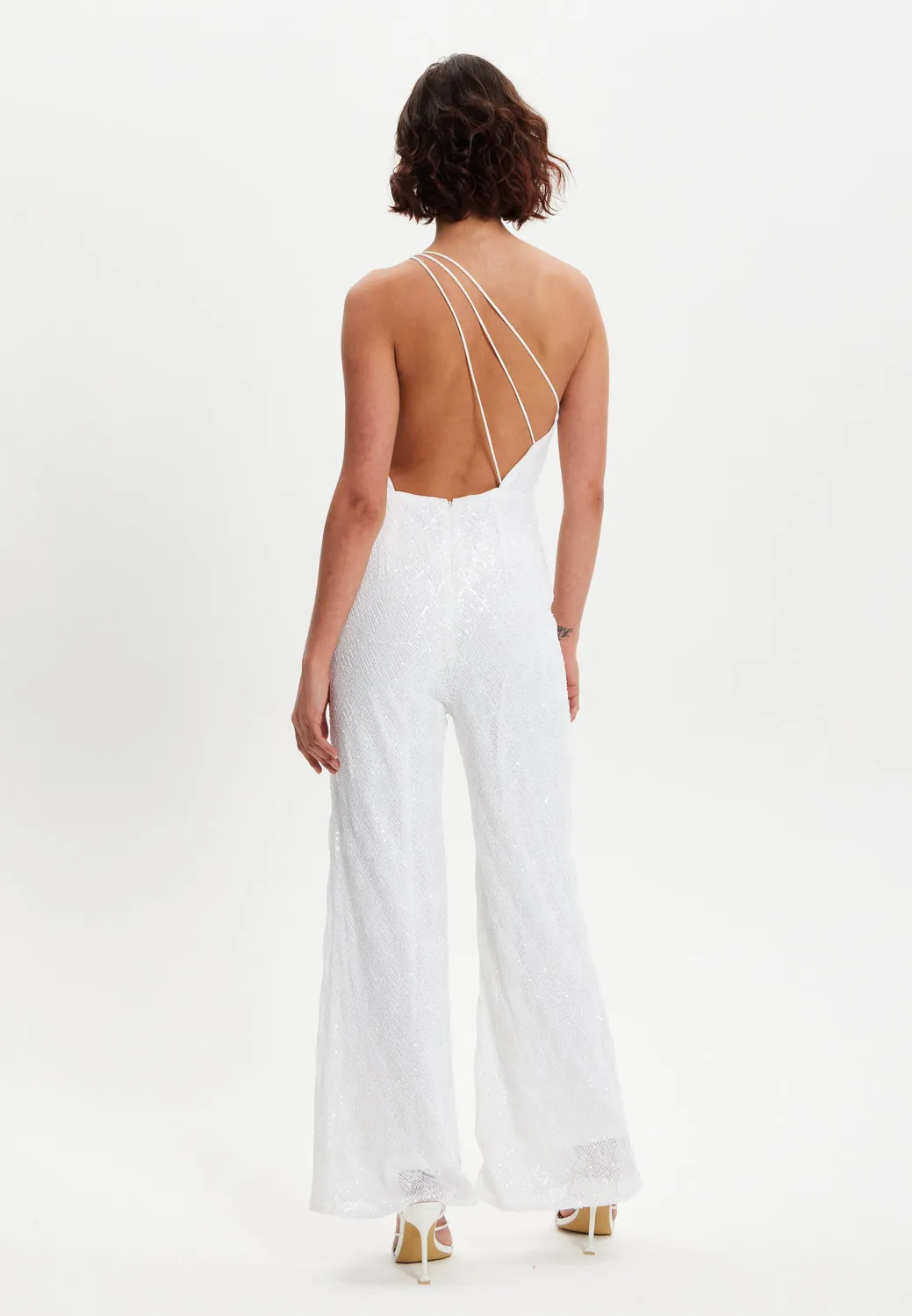 Liquorish One Shoulder Backless tuta bianca paillettes monospalla