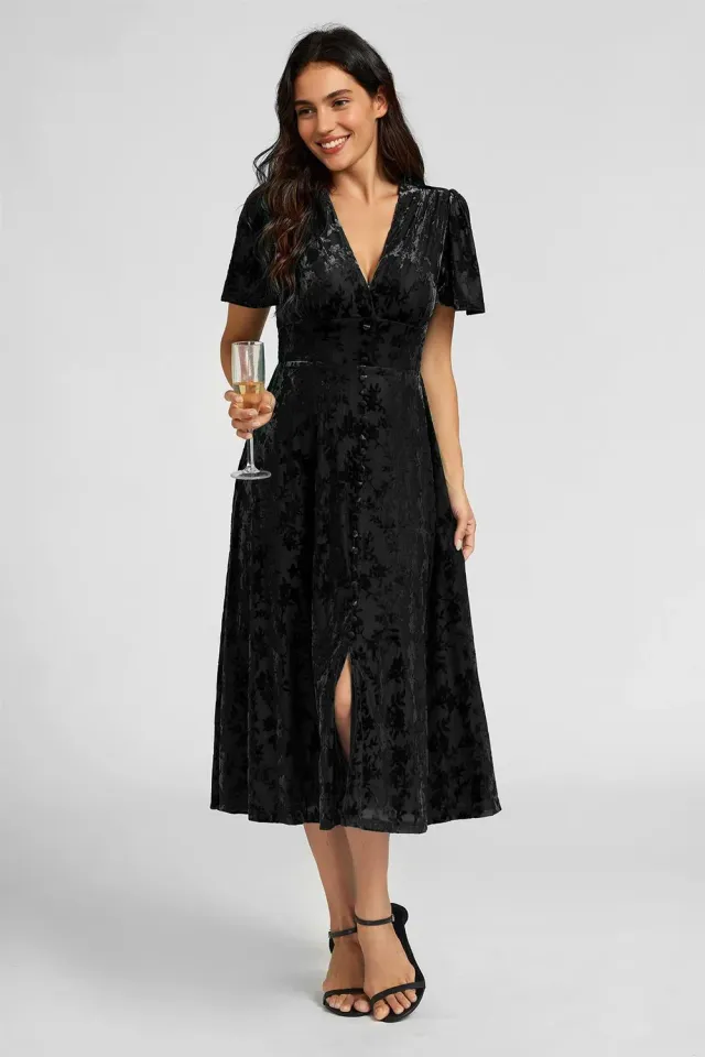 FS Collection Floral Velvet Devore V Neckline abito nero midi