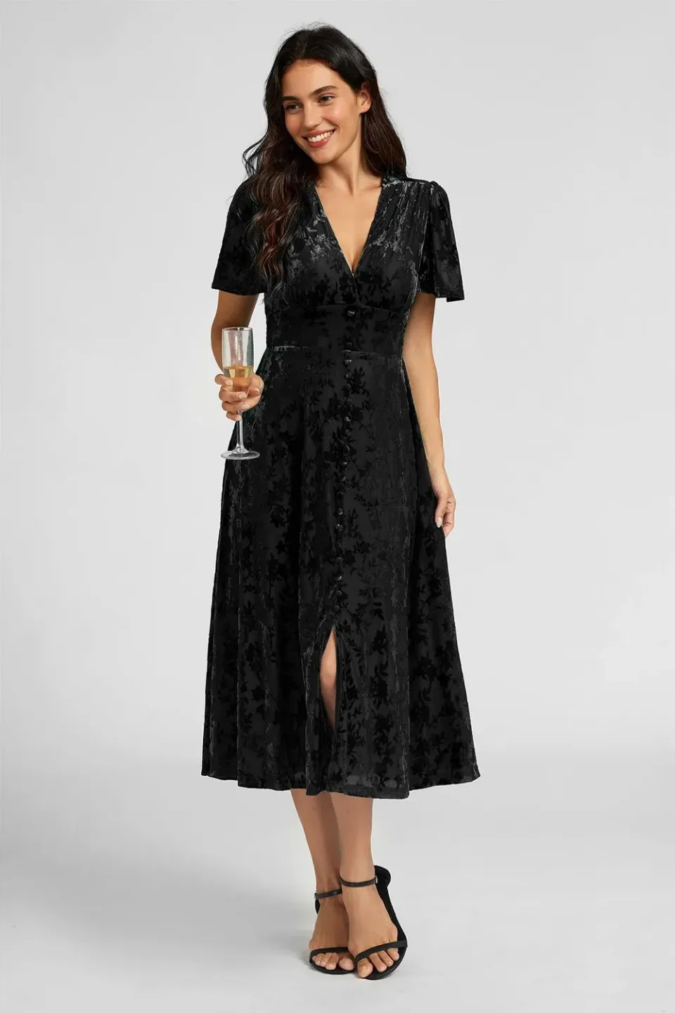 FS Collection Floral Velvet Devore V Neckline abito nero midi