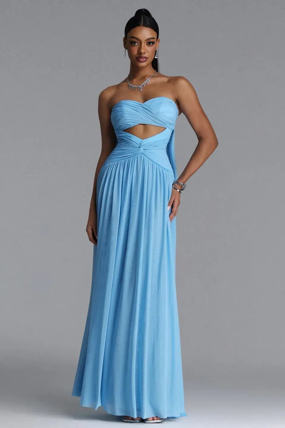 Bella Barnett Prunella abito maxi blu L drappeggiato