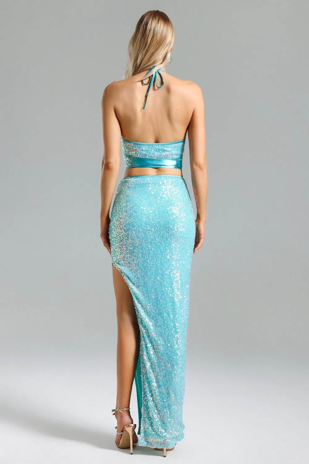 Bella Barnett Werko abito paillettes blu con spacco S