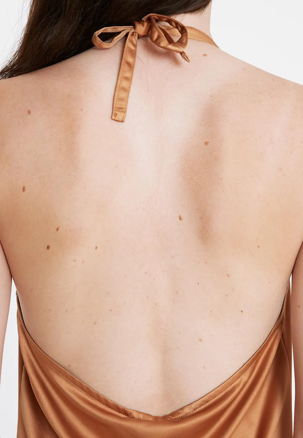 Ana Alcazar Pahamy abito lungo raso rame halter