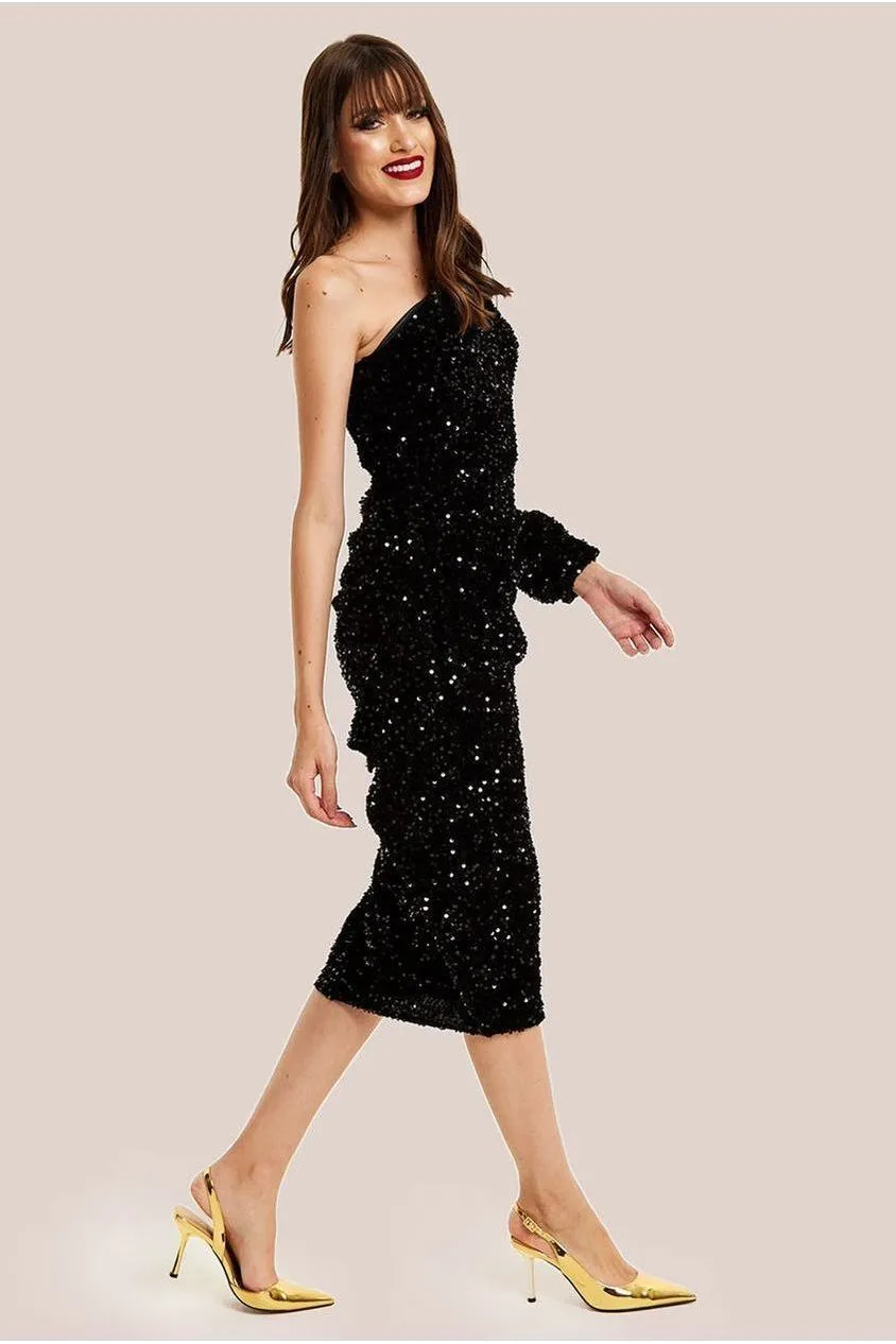 Liquorish One Shoulder abito midi velluto paillettes nero