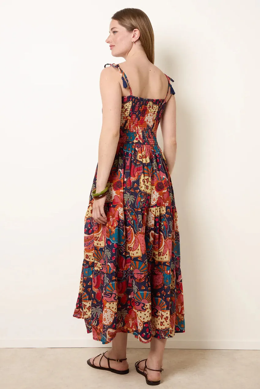 Blue Vanilla Bold Print Shirred Waist vestito midi navy fantasia