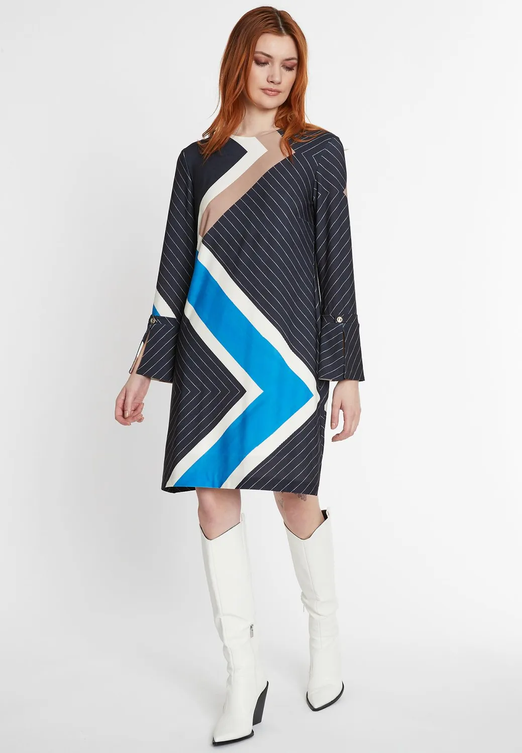 Ana Alcazar Sufana abito ufficio zigzag beige blu