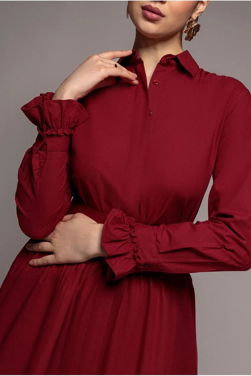 Goddiva Tiered Shirt abito midi wine cintura cotone